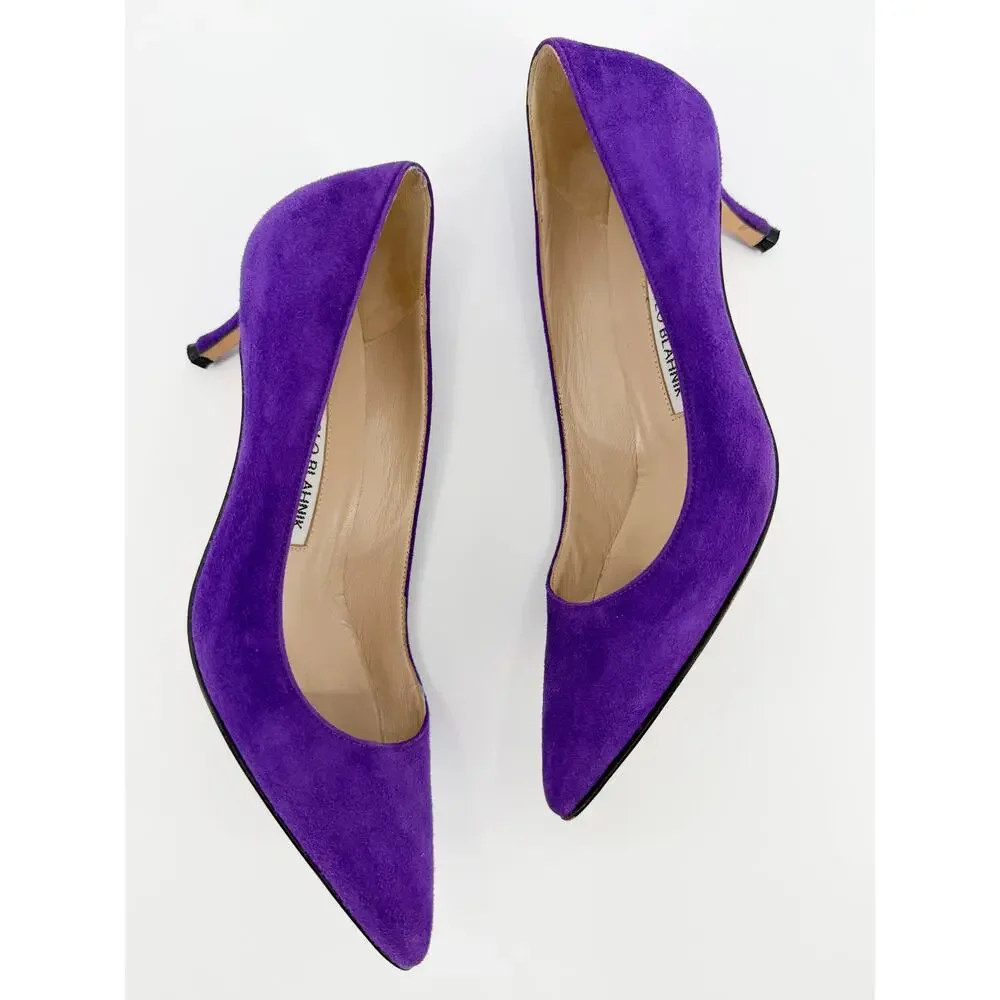 Manolo Blahnik BB Pumps Purple Suede Pointed Toe Low Kitten Heel Shoes 37